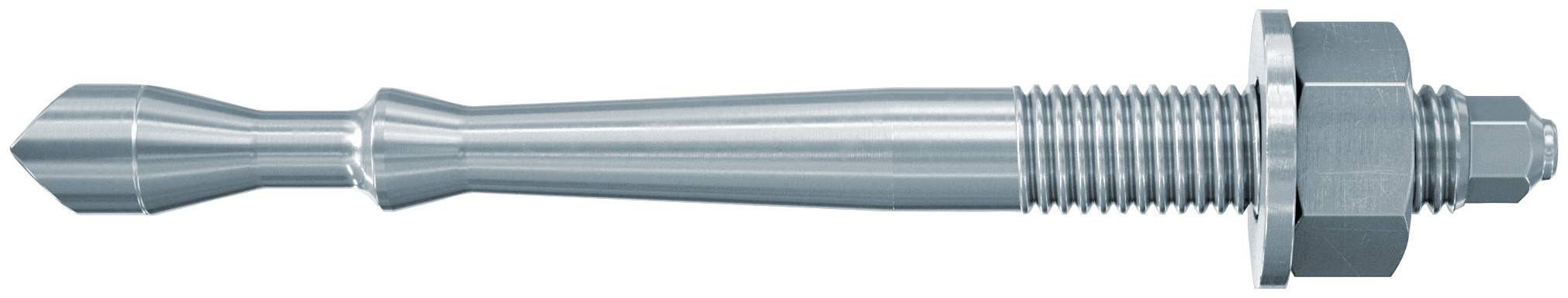 Metallischer Gewindeschraube mit sechskantiger Mutter und konischer Spitze, in Seitenansicht auf weißem Hintergrund dargestellt.