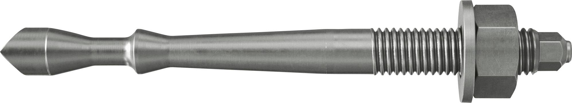 Metallgewindebefestiger oder Bolzen mit spitzer, konischer Spitze und Sechskantmutter auf der rechten Seite, horizontal auf weißem Hintergrund dargestellt.