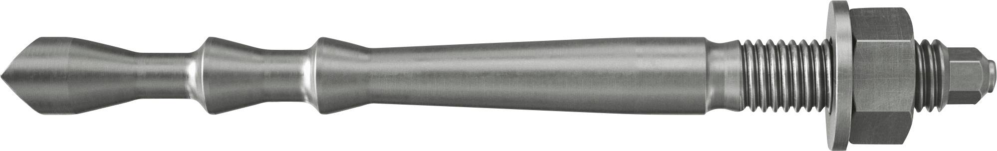 Metallexpansionsankerschraube mit Gewindeende, Unterlegscheiben und Mutter, dargestellt in Seitenansicht auf weißem Hintergrund.