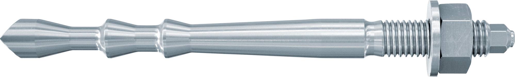 Metallischer Expansionsankerbolt mit Gewinde am Ende, Mutter und Unterlegscheibe auf weißem Hintergrund.