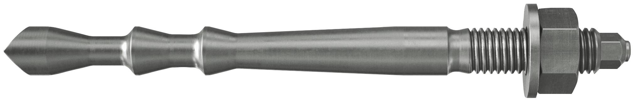 Metallverankerungsbolzen mit spitzem Ende, gewindelter Oberseite, Unterlegscheibe und Mutter, horizontal auf weißem Hintergrund dargestellt.