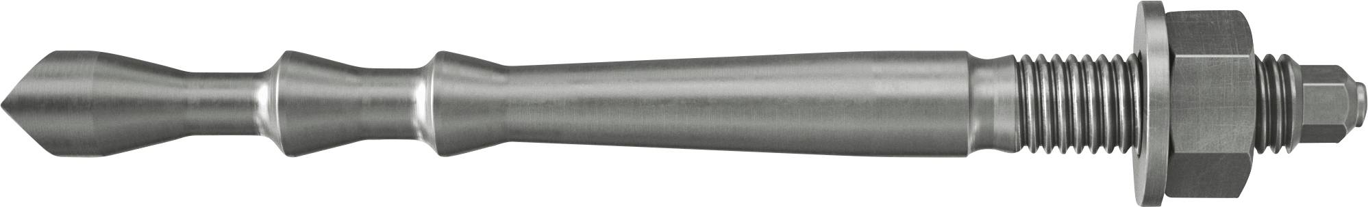 Metallischer Ankerschraubbolzen mit Gewinde, Unterlegscheiben und Mutter, horizontal auf weißem Hintergrund dargestellt.
