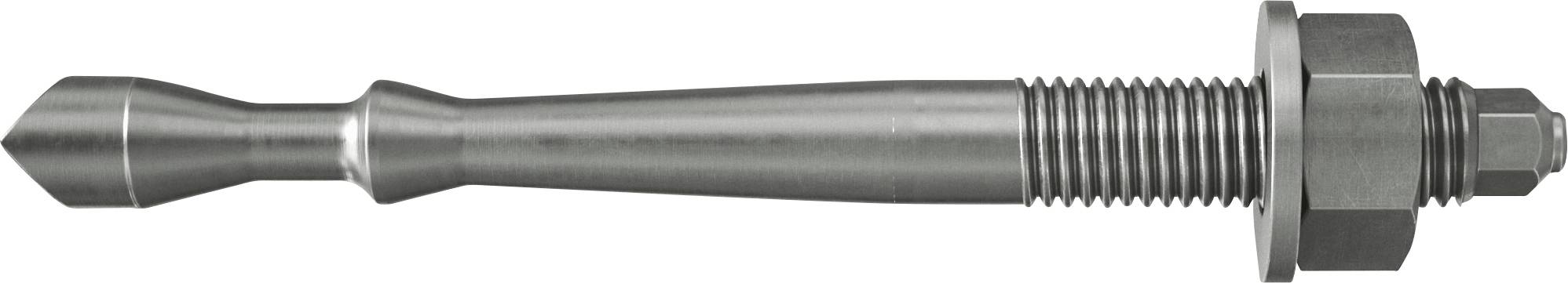 Metallfastener mit spitzer konischer Kopfform, langem glattem Schaft, gewindeltem Ende und Sechskantmutter-/Unterlegscheiben-Baugruppe.