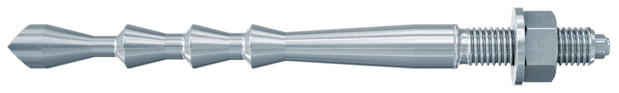 Metallgewindestab mit konischem, facettiertem Körper und einer Mutter sowie gewindenem Ende auf der rechten Seite.
