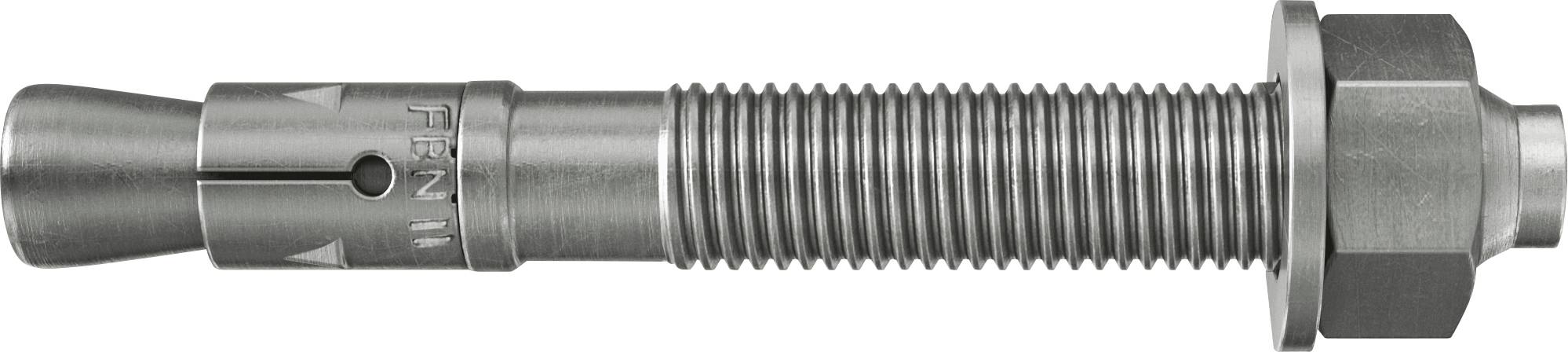 Metallausdehnungsbolzenverankerung mit Gewindestift, Konuspitze und Sechskantmutter auf weißem Hintergrund.
