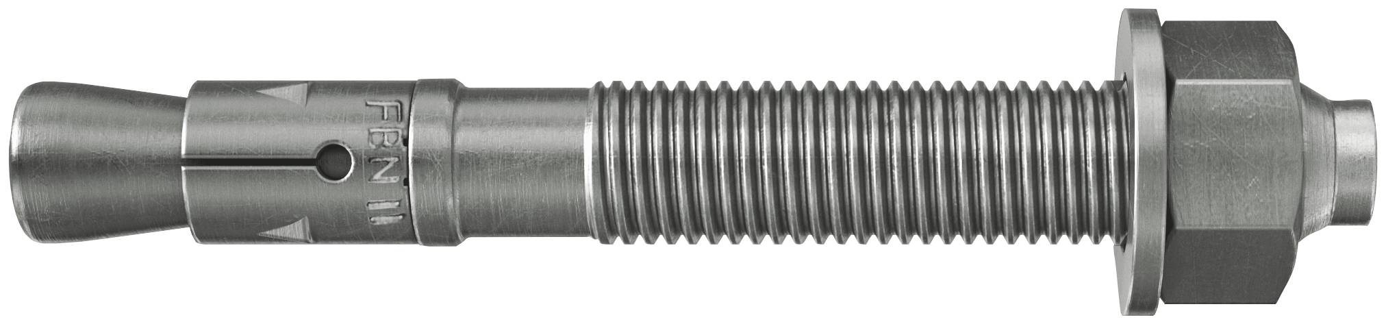 Metallexpansionsankerschraube mit Gewindewelle, Sechskantmutter und konischem Konus, isoliert auf weißem Hintergrund dargestellt.