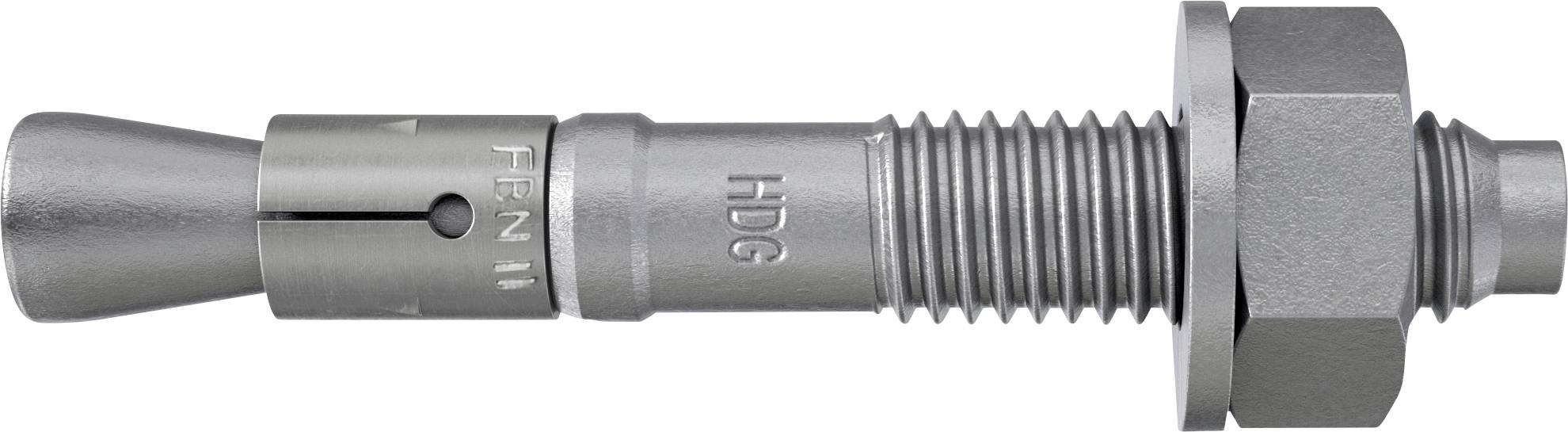 Metallexpansionsankerschraube mit konischem Kegel, geschlitzter Hülse, Gewindewelle und Sechskantmutter auf weißem Hintergrund.