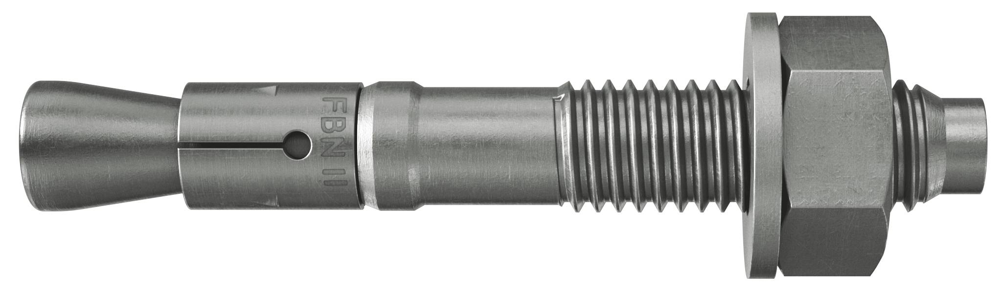 Metalldehnungsankerschraube mit kegelförmiger Hülse, Gewindeschaft und Sechskantmutter auf weißem Hintergrund.