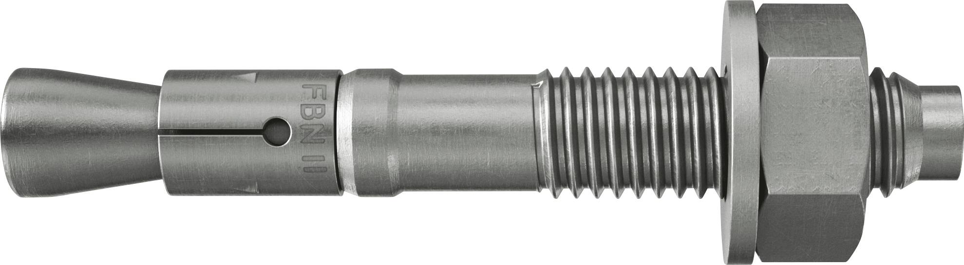 Metallischer Gewinde-Maschinenbefestiger mit konischer Spitze, Sechskantmutter und Unterlegscheibe auf weißem Hintergrund.