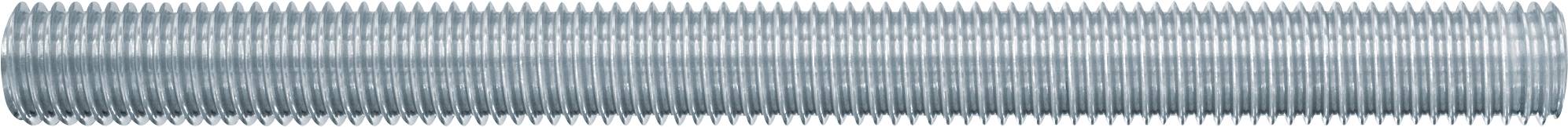 Eine lange silberne Gewindestange oder ein Bolzen, horizontal auf weißem Hintergrund dargestellt.