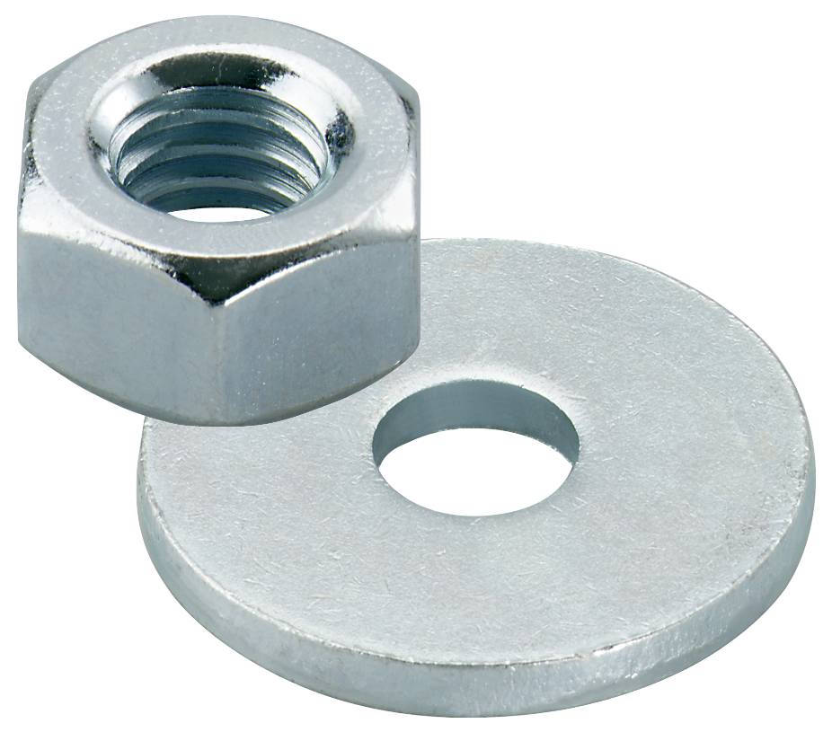 Eine Sechskantmutter und eine flache Unterlegscheibe aus glänzendem Metall, zusammen auf weißem Hintergrund dargestellt.