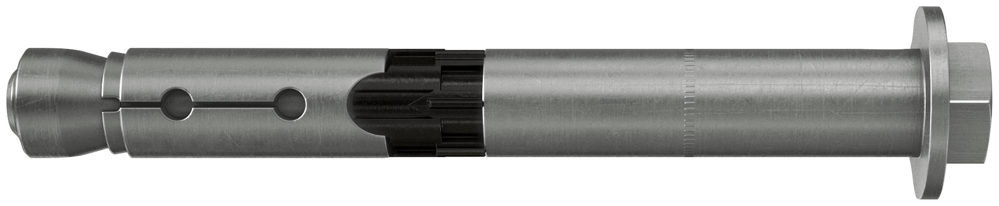Metallischer zylindrischer Schaft mit ausgestellter Spitze, Seitenlöchern und einem gekerbten Mittelteil, horizontal auf weißem Hintergrund dargestellt.