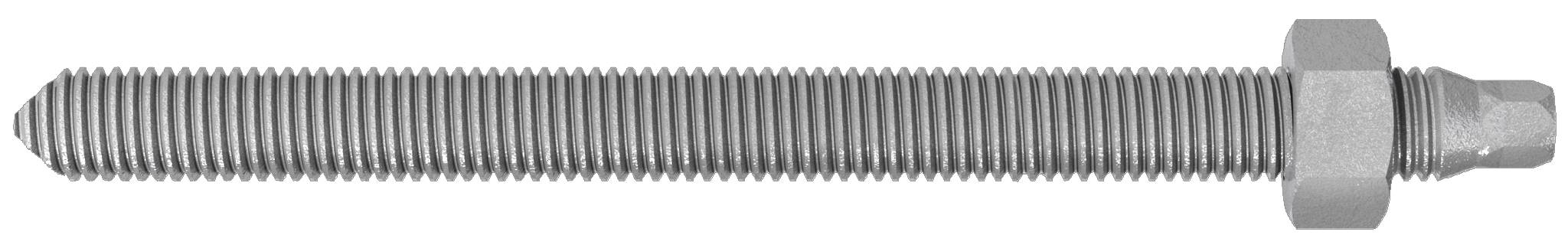 Ein Metallgewindeschraube mit Sechskantmutter und konischem Ende, horizontal auf weißem Hintergrund dargestellt.