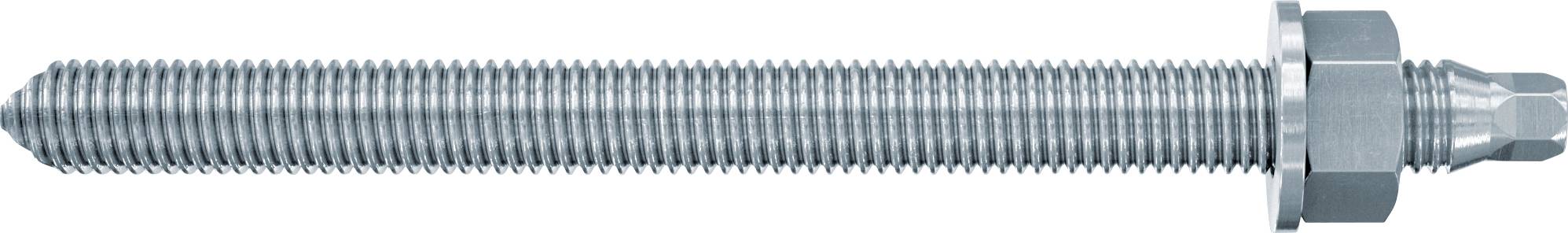 Ein langer Gewindestab aus Metall mit einer sechskantigen Mutter und einer Verbindung an einem Ende, horizontal auf weißem Hintergrund dargestellt.