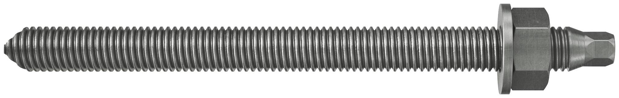 Metallgewinde-Gewindestange mit einer Sechskantmutter und einer Kappe an einem Ende, horizontal auf weißem Hintergrund dargestellt.