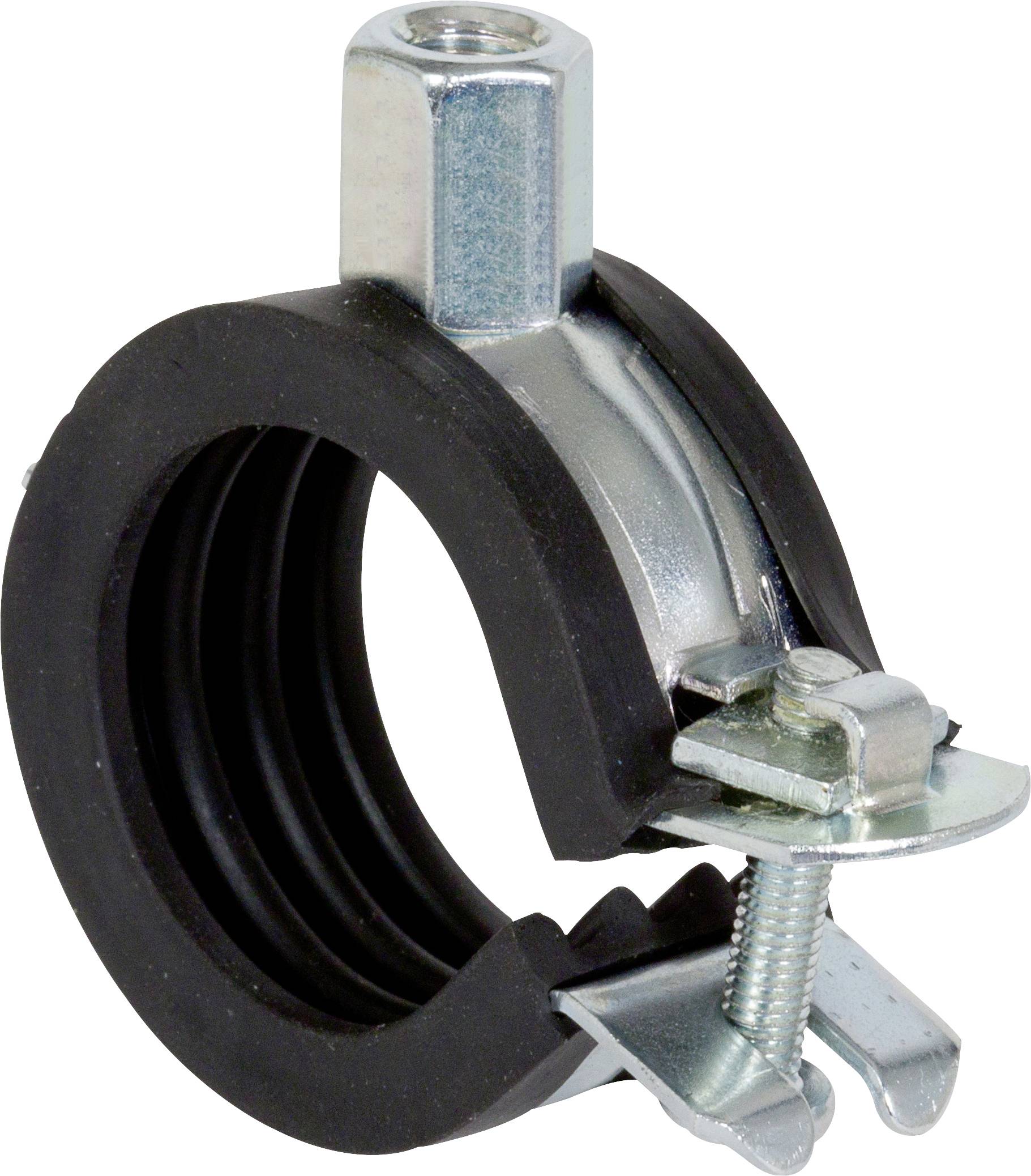 Schwarze gummierte Metallrohrschelle mit Gewindeschraube und Montagebügel auf weißem Hintergrund