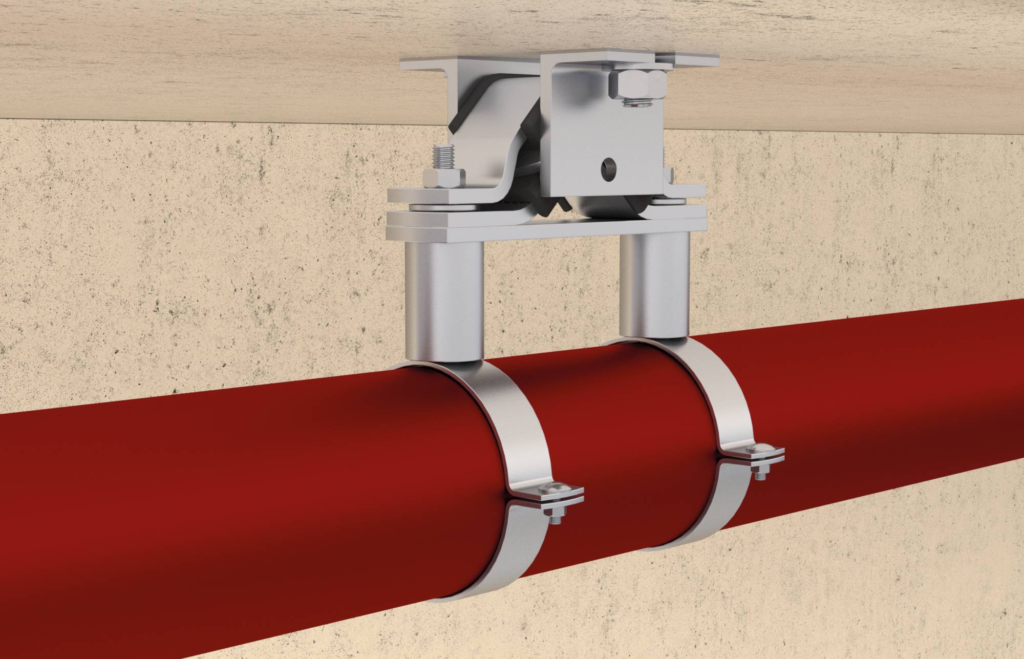 Metallrohrhalter-Schellen klemmen ein rotes horizontales Rohr an eine Decke, gezeigt in einer 3D-Technischen Illustration.