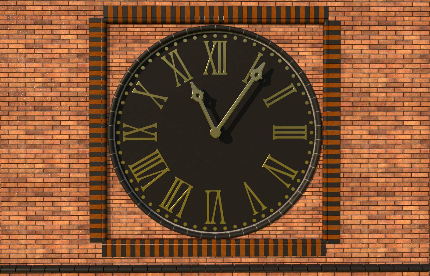 Große runde Uhr an einer Backsteinmauer montiert, zeigt etwa 11:05 Uhr an, umrahmt von einem gestreiften Rand.