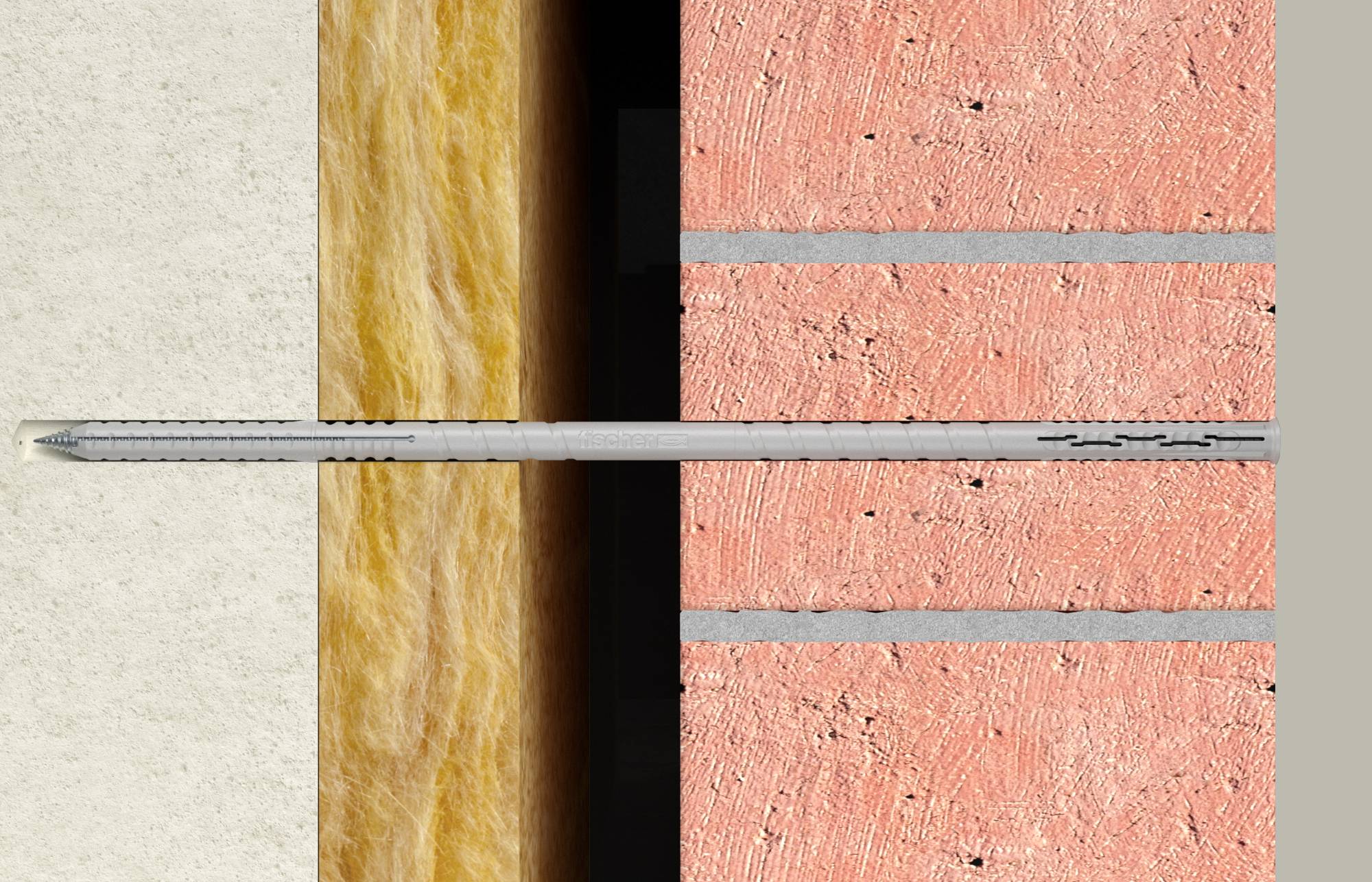 Querschnitt einer Wand mit Isolationsschichten und einem horizontal durch die Hohlschicht eingeführten Messwerkzeug.