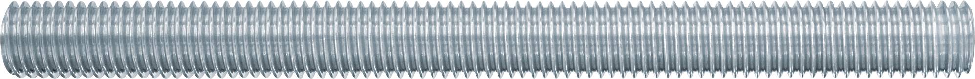Eine lange, silberne, gewinde Metallstange oder Schraube, horizontal auf einem einfachen weißen Hintergrund dargestellt.