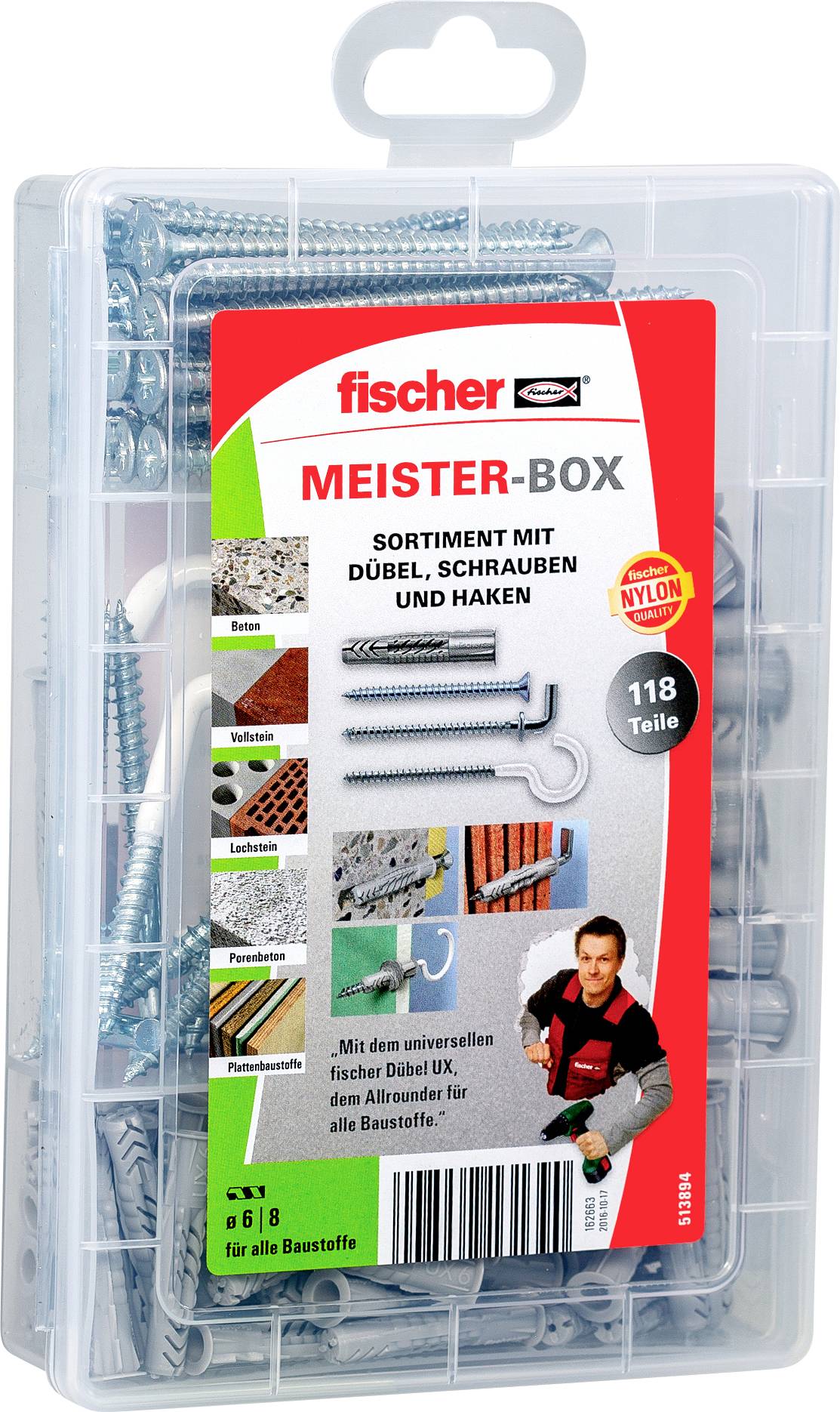 Transparente Kunststoffbox mit Fischer Meister-Box Wanddübeln, Schrauben und Haken, beschriftet mit „118 Teile