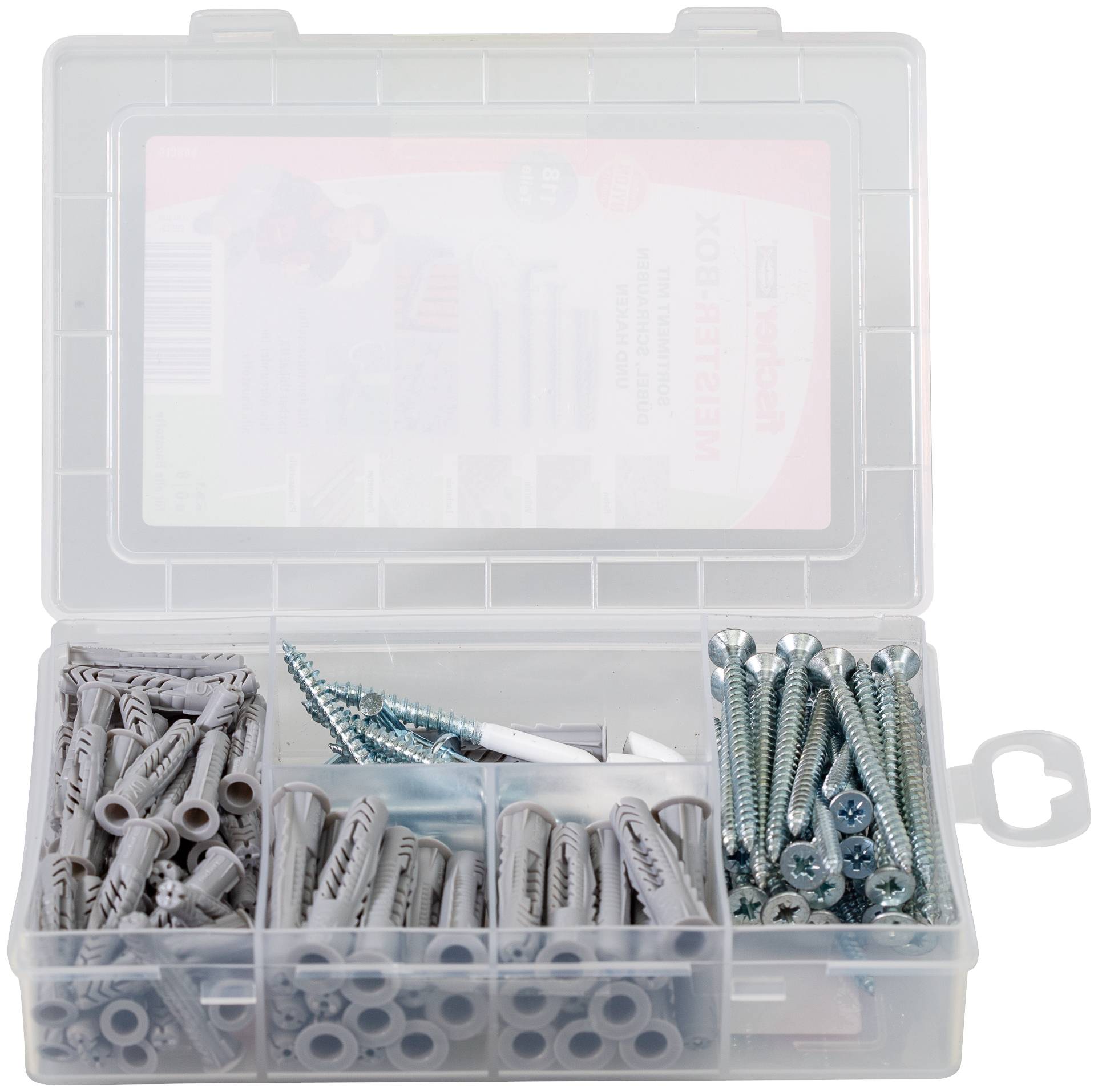 Offene Kunststoff-Organisationsbox mit sortierten Dübeln, Schrauben und Bits in Fächern.