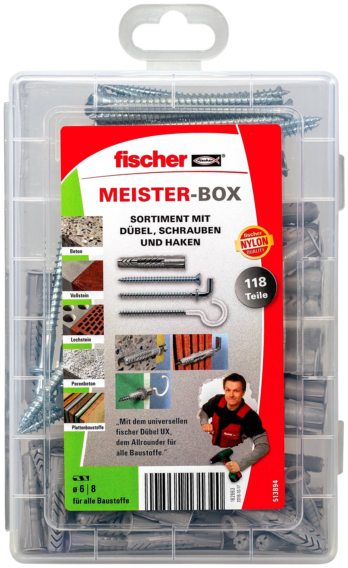 Klare Kunststoff-Organizer-Box des Fischer Meister-Box mit sortiertem Nylon-Dübeln, Schrauben und Haken, gekennzeichnet mit 118 Teilen für alle Baustoffe.