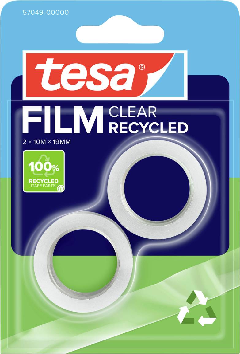 Packung Tesa Film Clear Recycled Klebeband, 2 Rollen, 10m x 19mm. Hergestellt aus 100% recycelten Teilen. Grüne Verpackung mit Recycling-Symbol.