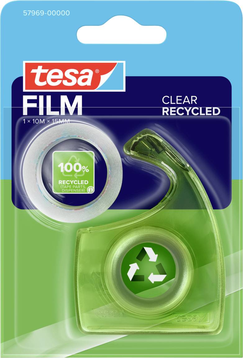Transparentes Klebeband mit grünem Spender mit der Bezeichnung „100% recycelt
