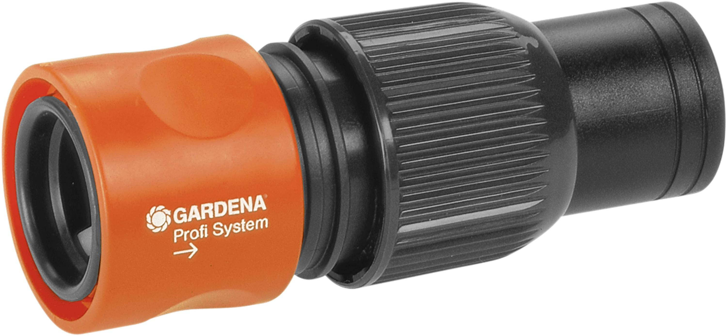Orange-schwarzer Gartenschlauchanschluss mit 'GARDENA Profi System' Aufdruck, verwendet für Wasserversorgungssysteme in Gärten.