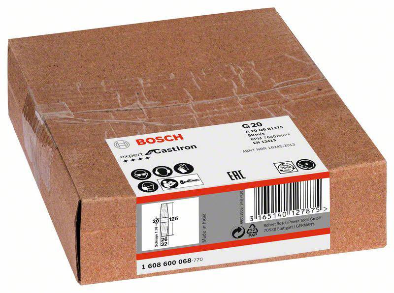 'Bosch G-20 Trennscheibenbox' mit Produktdetails auf dem Etikett, rotbraune Verpackung, für Metallschneiden geeignet.