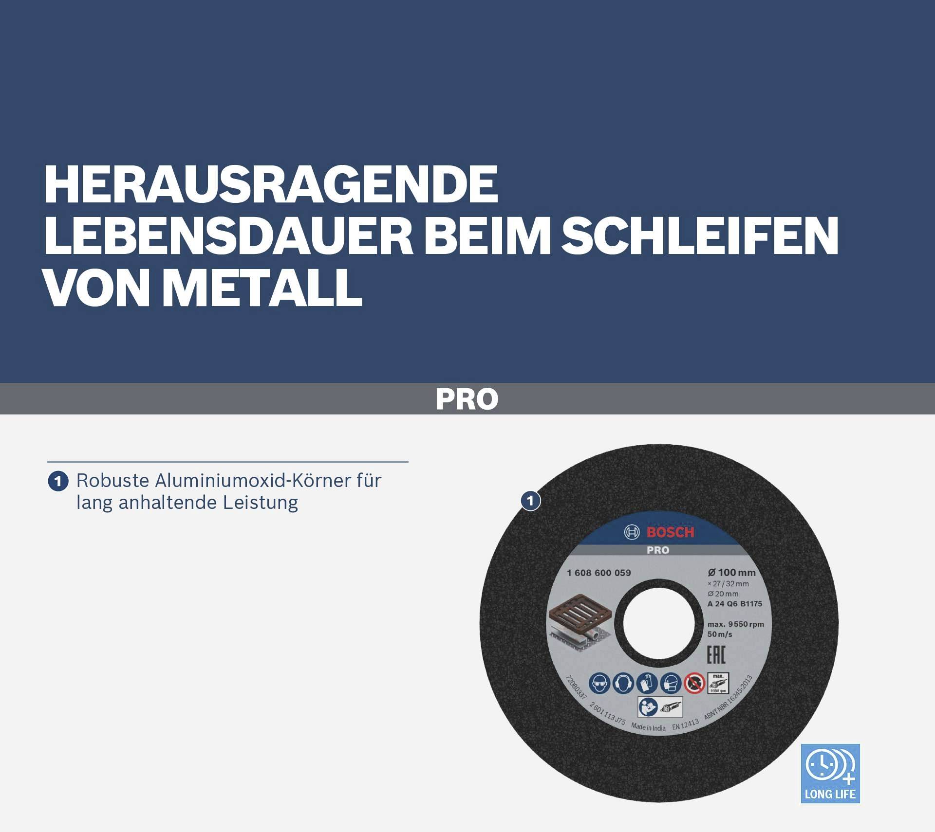 Eine Metalltrennscheibe von Bosch mit Text 'Herausragende Lebensdauer beim Schleifen von Metall'. Eigenschaften: robuste Aluminiumoxid-Körner. Markenlogo unten.