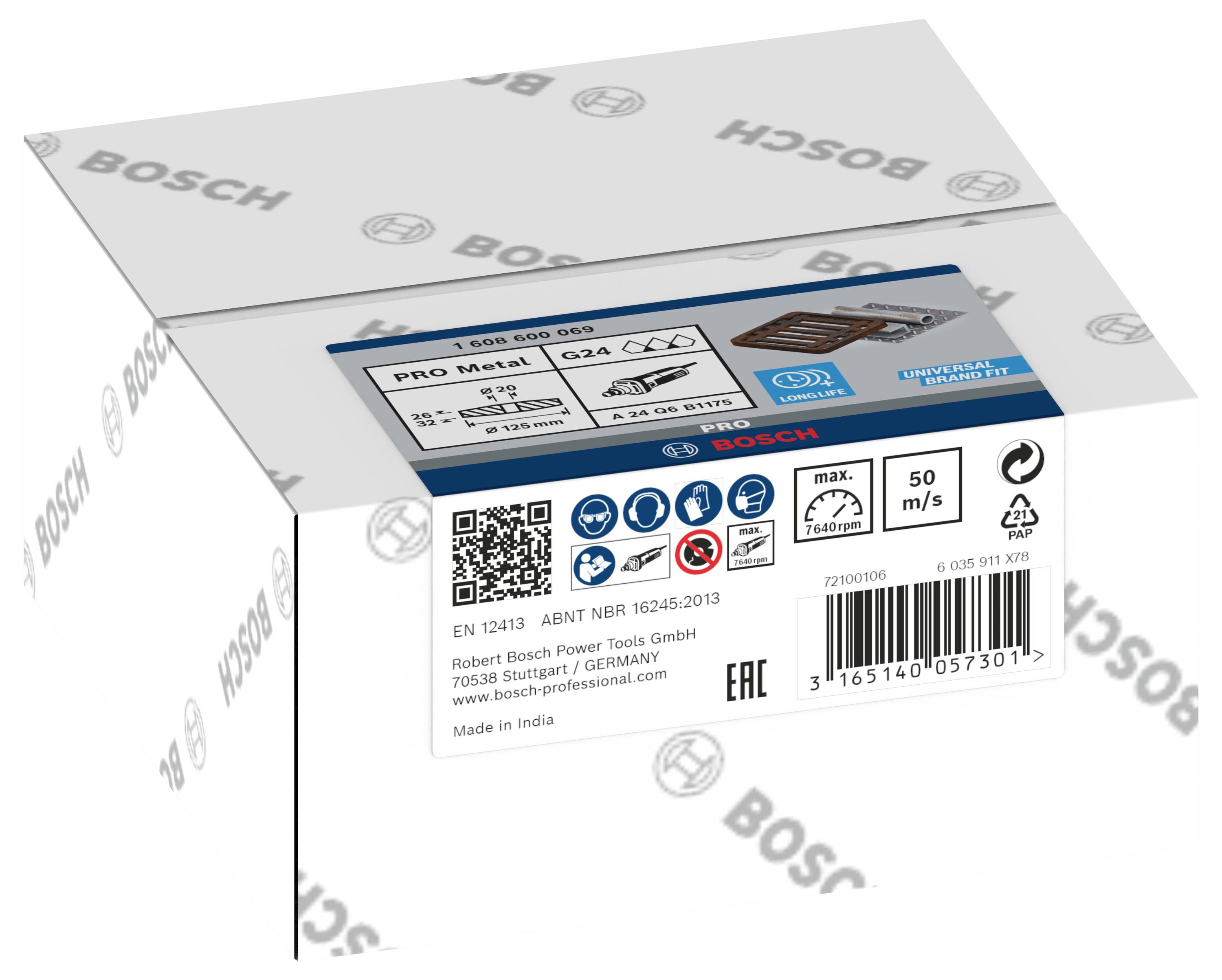 Verpackung mit Aufschrift 'BOSCH', zeigt Produktinformationen wie '50 Stück', 'max. RPM 50 m/s', 'Hergestellt in EU'.