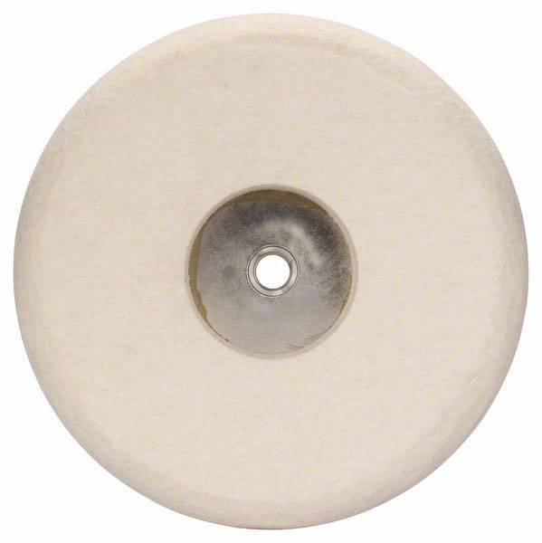 Rundscheibe aus beigem Filz mit Metallmitte, typischerweise zur Politur verwendet.