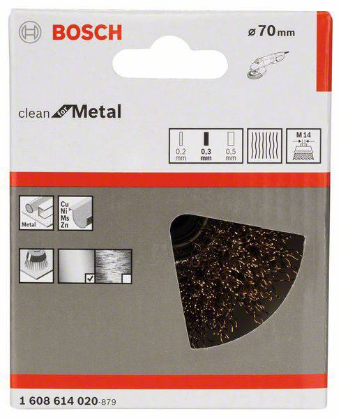 Verpackung einer runden Metallbürste von Bosch, geeignet für Metallbearbeitung. Durchmesser: 70 mm. Zeigt Bürste und Anwendungssymbole.