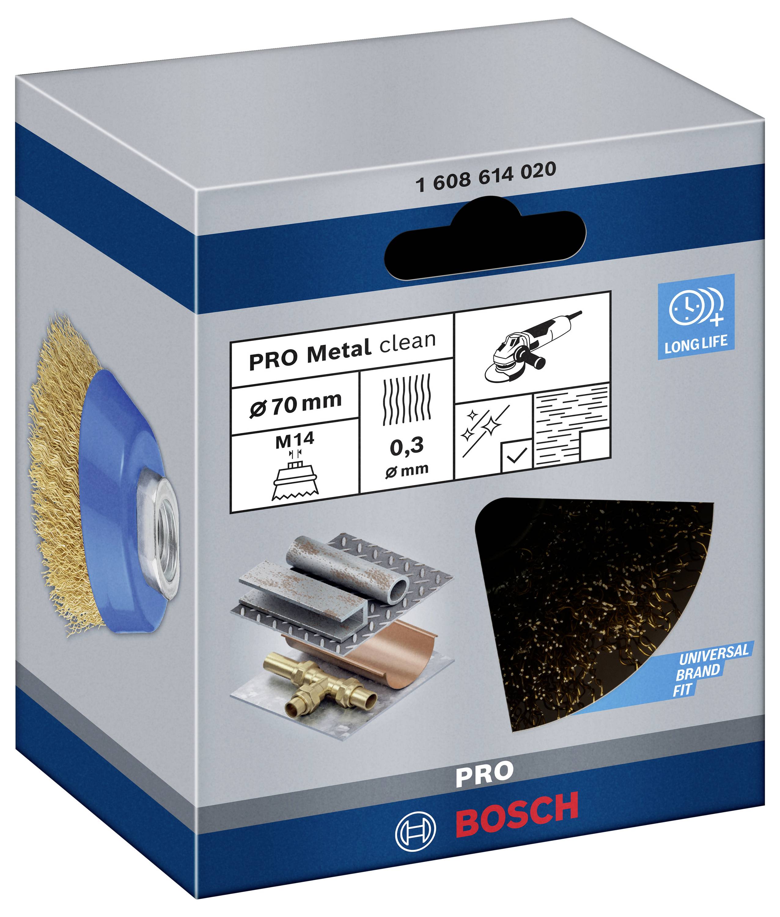 Verpackung einer Drahtbürste für Winkelschleifer, 'PRO Metal clean', Ø70 mm, M14, 0,3 mm, geeignet für Metallreinigung, von Bosch.