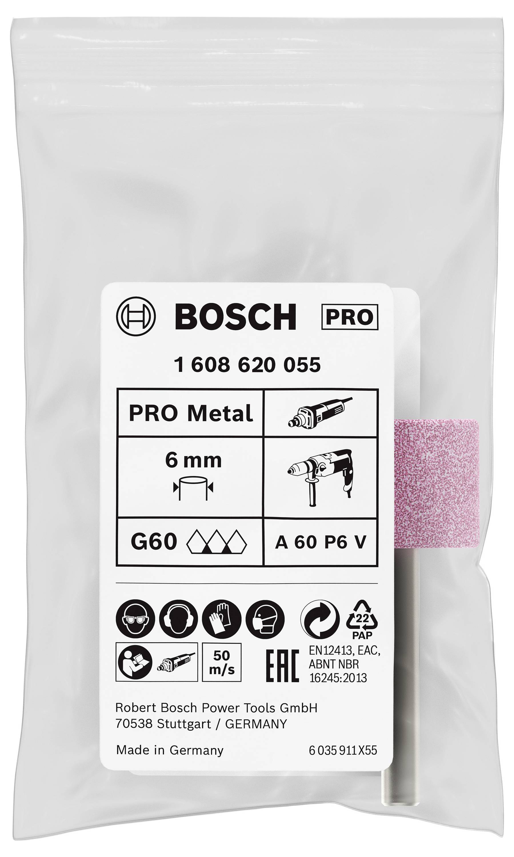 Produktverpackung von Bosch PRO Metal Schleifstift, 6 mm, G60. Enthält technische Informationen und Unternehmensdetails.