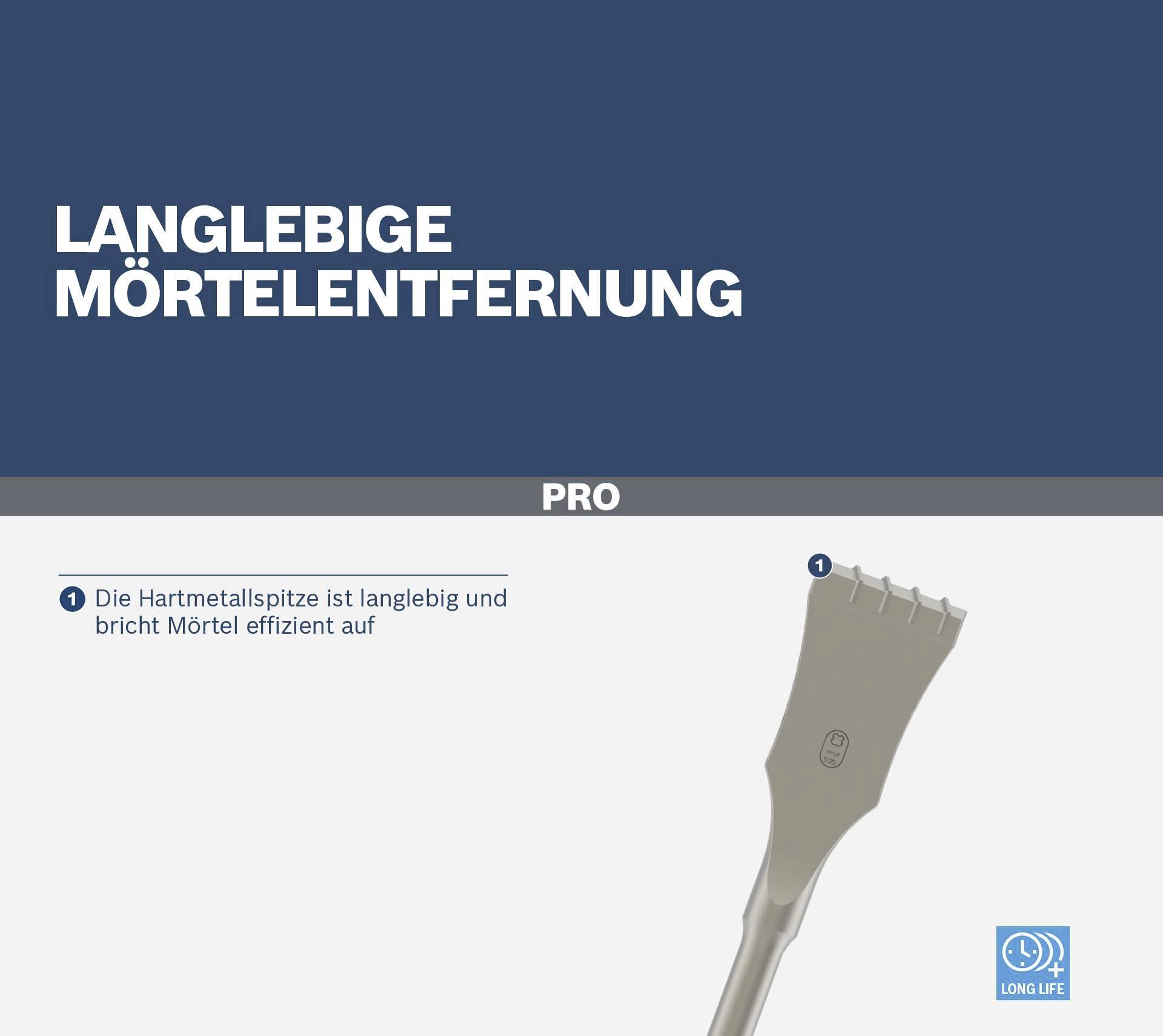 'Langlebige Mörtelentfernung' und Abbildung eines Werkzeugs mit Hartmetallspitze zur effizienten Entfernung von Mörtel.