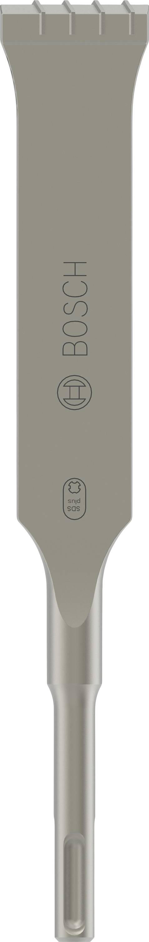 Meißelaufsatz für Bohrmaschine, Marke Bosch, graues Metall, speziell für präzises Meißeln in Bau- und Renovierungsarbeiten.