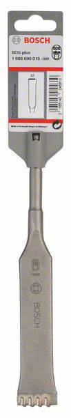 Flachmeißel von Bosch mit SDS-max-Aufnahme. Verpackung zeigt Produktbezeichnung '1 618 600 035 -000' und Bosch-Logo. Geeignet für Meißelarbeiten.