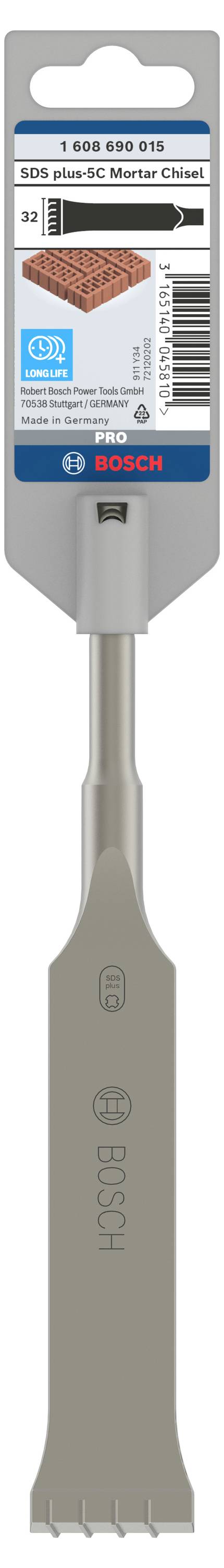 Flachfräsbohrer von Bosch mit sechskantigem Schaft, geeignet für Holzarbeiten. Verpackung zeigt Produktdetails und Logo.