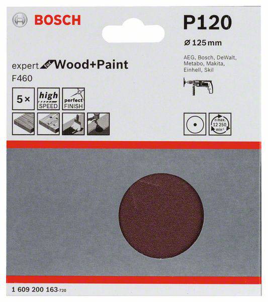 Schleifpapier von Bosch, Körnung P120, für Holz und Farbe, mit 125 mm Durchmesser, geeignet für diverse Schleifgeräte.