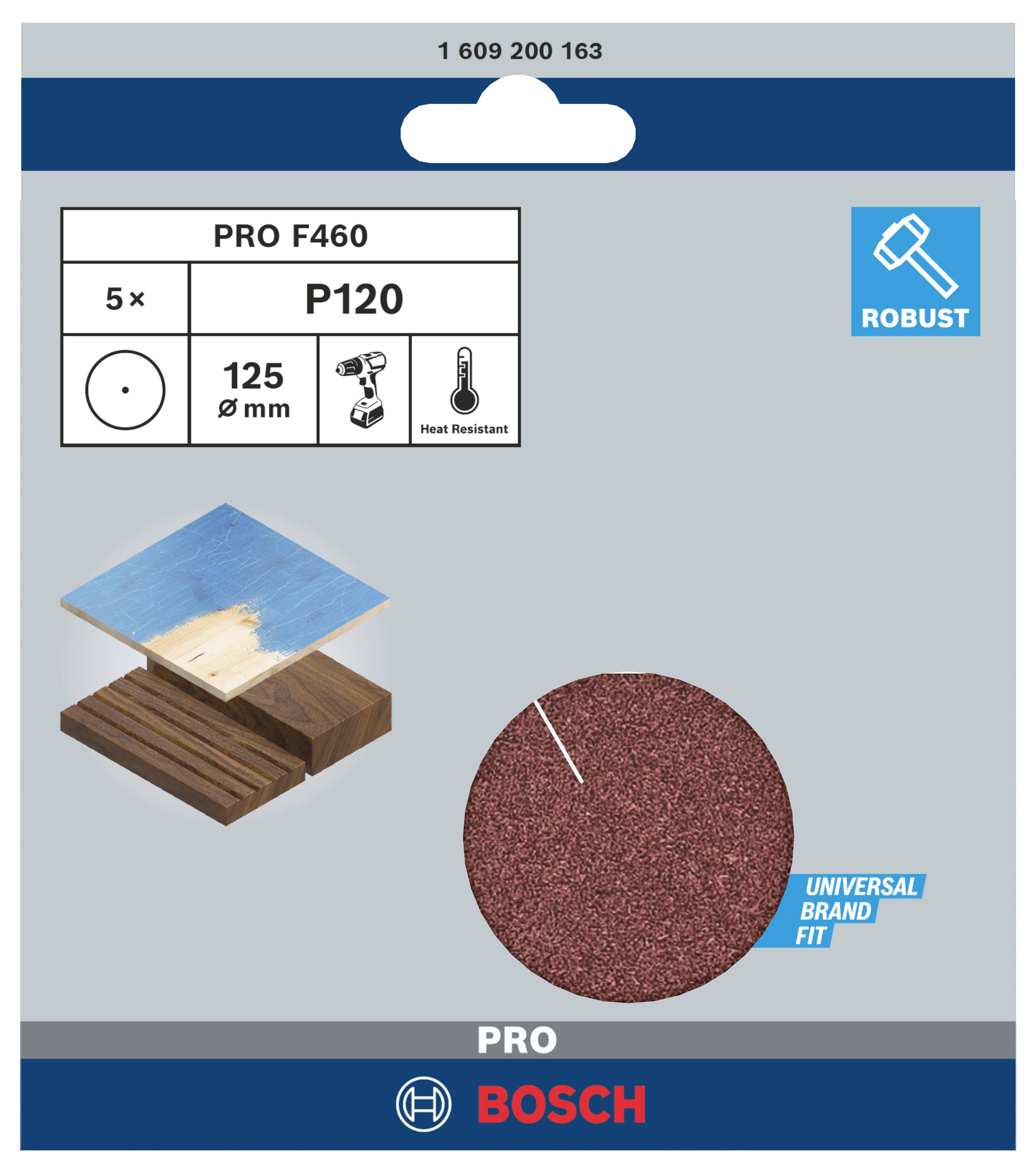 Verpackung eines Bosch-Schleifpapiers, P120, geeignet für Holz, 125 mm Durchmesser, robust, hitzebeständig, 5 Stück.