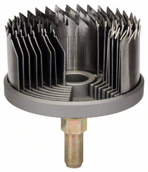 Ein Metallschneidwerkzeug mit kreisförmigen Klingen, befestigt auf einem Bohreradapter, geeignet für Bohr- oder Fräsarbeiten.