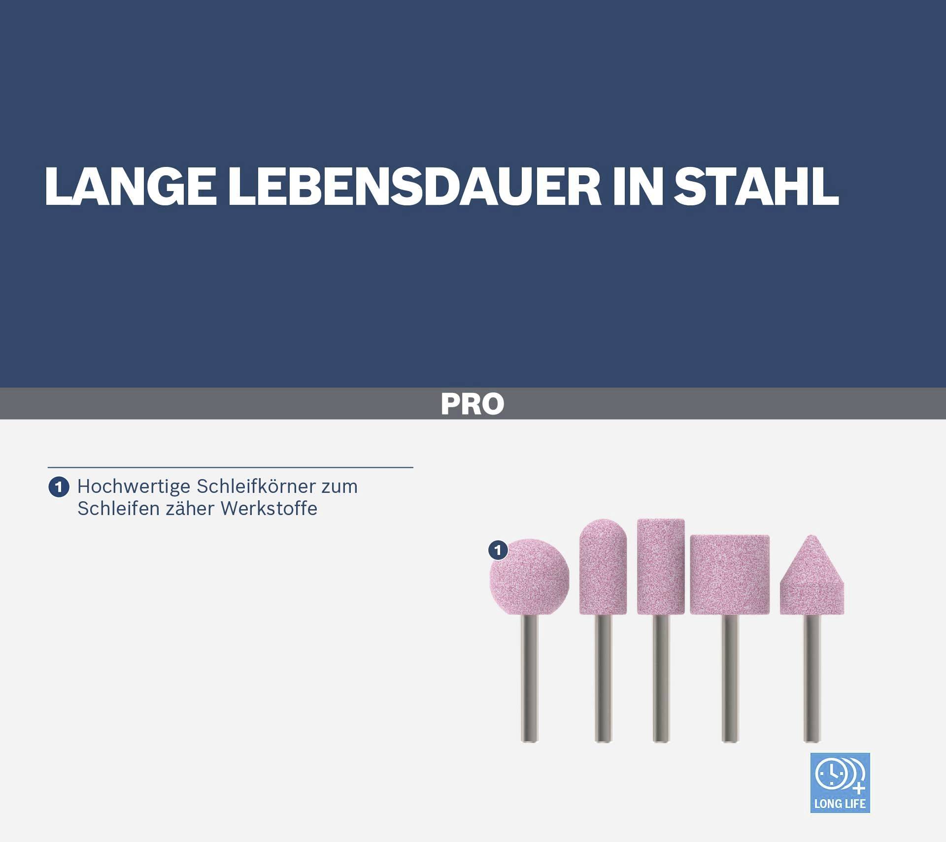 Bohrer mit rosa Schleifaufsätzen, gekennzeichnet als 'Pro', bieten 'lange Lebensdauer in Stahl' dank hoher Schleifqualität.