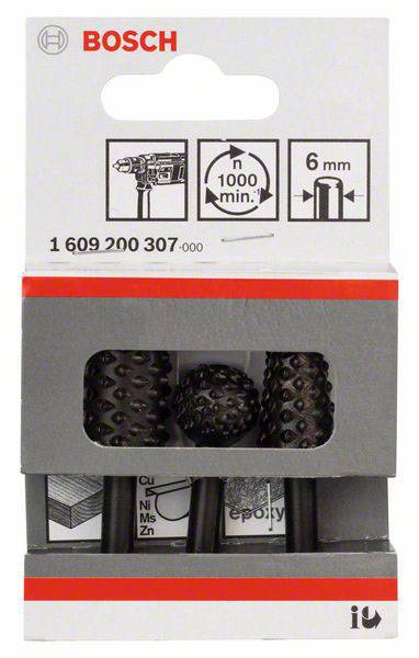 Ein Bohrkopf-Set von Bosch, geeignet für Materialien wie Cu, Ni, Ms, Zn und Epoxidharz. Verpackung enthält drei Bohrköpfe, geeignet für 6 mm Durchmesser.