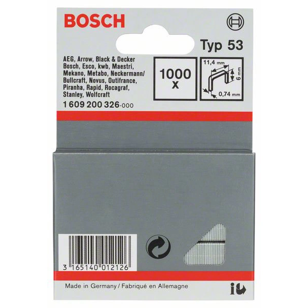 Bosch Accessories 1609200326 Feindrahtklammern Typ 53 1000 St. Abmessungen (L x B) 6mm x 11.4mm Bosch Accessories 1609200326 Feindrahtklammern Typ 53 1000 St. Abmessungen (L x B) 6mm x 11.4mm