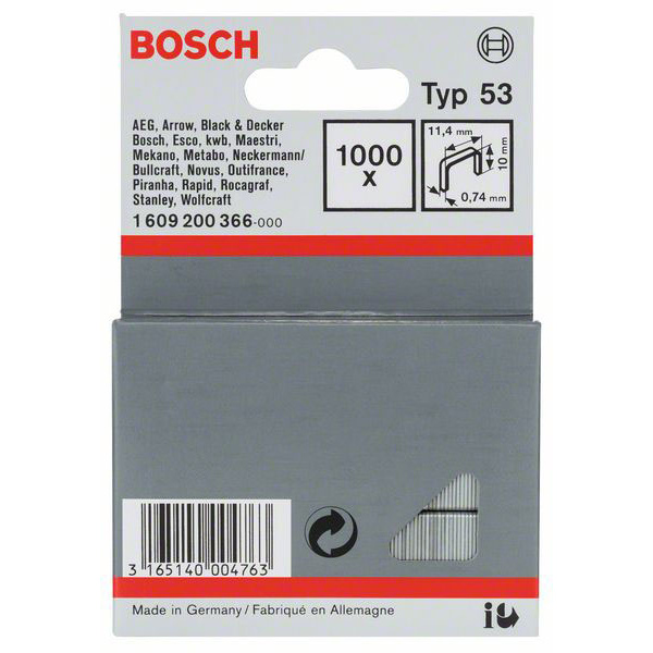 Bosch Accessories Feindrahtklammer Typ 53, 11,4 x 0,74 x 10 mm, 1000er-Pack 1000 St. 1609200366 Abmessungen (L x B) 10mm x 11.4mm