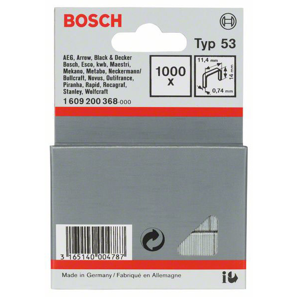 Bosch Accessories Feindrahtklammer Typ 53, 11,4 x 0,74 x 14 mm, 1000er-Pack 1000 St. 1609200368 Abmessungen (L x B) 14mm x 11.4mm