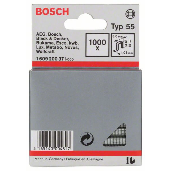 Bosch Accessories 1609200371 Schmalrückenklammern Typ 55 1000 St. Abmessungen (L x B) 14 mm x 6 mm Bosch Accessories 1609200371 Schmalrückenklammern Typ 55 1000 St. Abmessungen (L x B) 14 mm x 6 mm